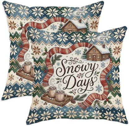 Winter Cabin Snowy Days Quote Christmas Throw Pillow Covers 14x14 Set