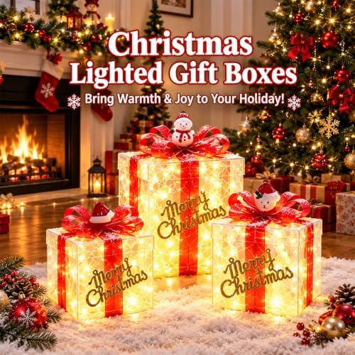 Set of 3 Christmas Lighted Gift Boxes, Pre-lit 60 LED Light Up Present