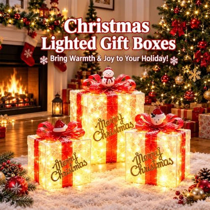 Set of 3 Christmas Lighted Gift Boxes, Pre-lit 60 LED Light Up Present