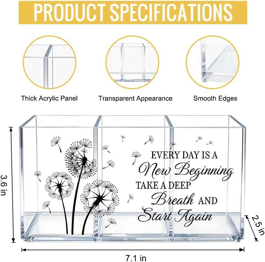Every Day Is a New Beginning Dandelion Acrylic Pen Stationery Organizer 3 Compartments, Dandelion Clear Desktop Organizer for Office School Home, Housewarming Gifts for Women Friends