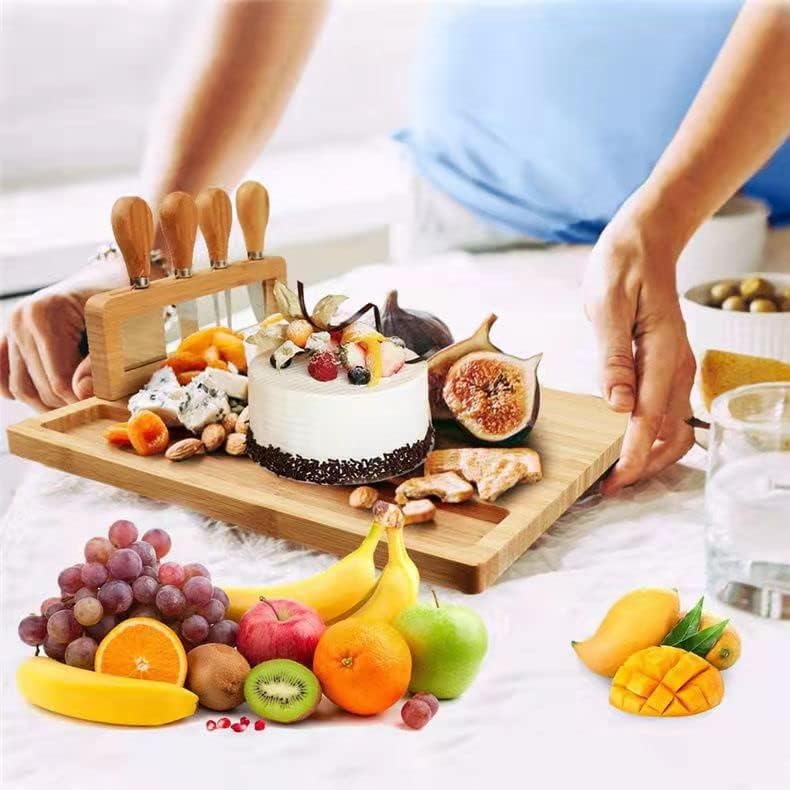 Bamboo Cheese Board, Cheese Tray with 4 Stainless Cutlery
