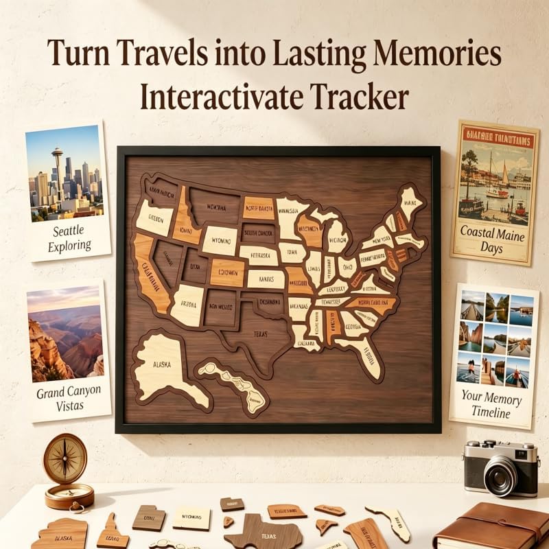 Wooden USA Travel Map Puzzle,Journey Tracker Maps Pin Board for