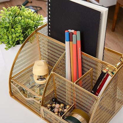 Martha Stewart Ryder Mesh Metal Desktop Organizer with Drawer, Gold