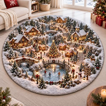 IZI POD Christmas Round Rug, 3D Winter Village Christmas Round Rug, 3D