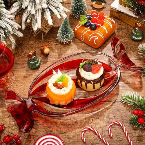 Uiifan 2 Pcs Christmas Candy Dish Glass Tray Peppermint Stripe, Red