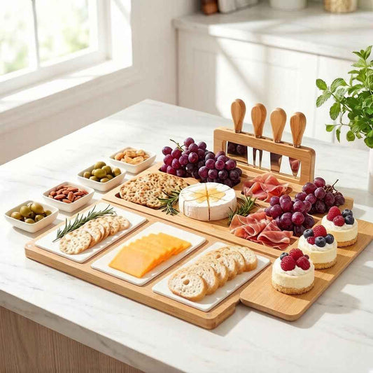 Charcuterie Board and Serving Set,Bamboo Cheese Board Snack Tray Set with Magnetic,Removable Ceramic & Prep Trays, Stainless Steel Knives,House Warming Gifts New Home, Wedding Gift