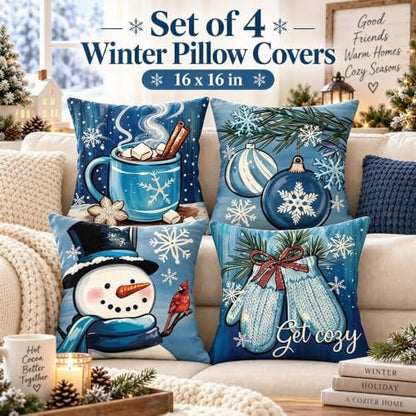 Winter Christmas Pillow Covers Set of 4 16x16 Inch Blue Snowman