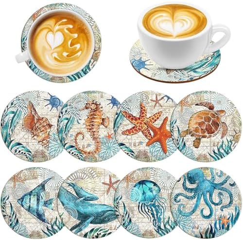 UPINS 8 Pieces Wooden Coasters for Drinks,Coastal Decor Ocean Beach
