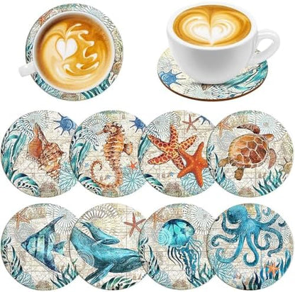 UPINS 8 Pieces Wooden Coasters for Drinks,Coastal Decor Ocean Beach