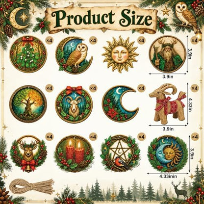 48 Pcs Wooden Yule Tree Ornaments, Vintage Pagan Christmas Hanging