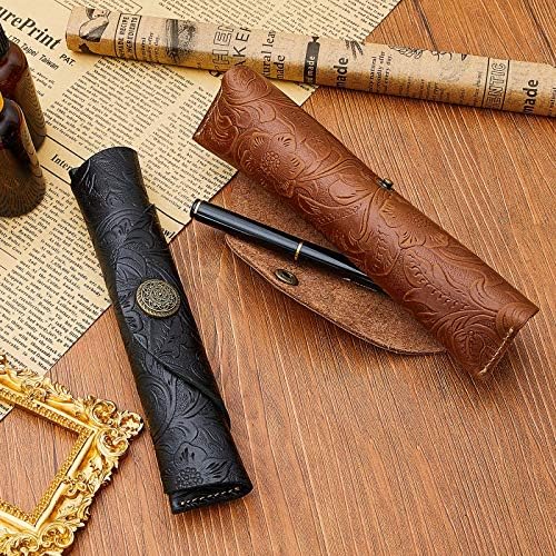 Zonon 2 Pieces Vintage Handmade Leather Pen Case Carved Roll Leather