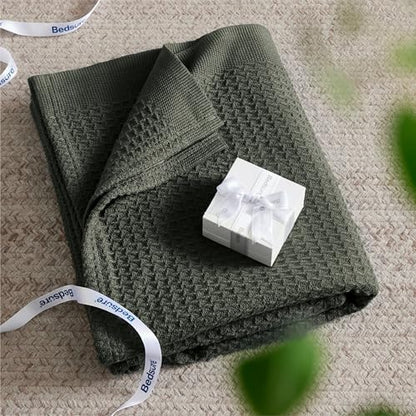 Bedsure 100% Cotton Blanket, Waffle Weave, King Size, Olive Green