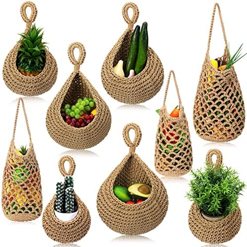 9 Pcs Jute Fruit Hanging Baskets for Kitchen, Boho Woven Wall Baskets