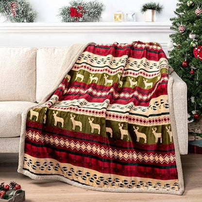PAVILIA Premium Christmas Sherpa Throw Blanket, Green Red Cabin Design