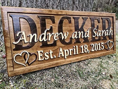 3D Wood Carved Personalized Wedding Gift Last Name Established Sign