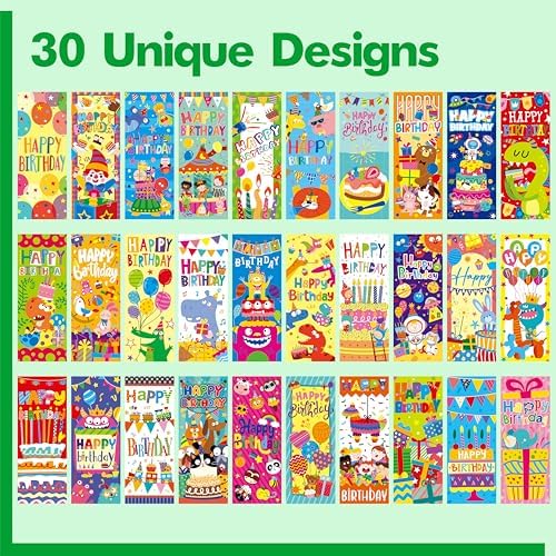 120 PCS Happy Birthday Bookmarks, 30 Unique Designs Double-Sided Read
