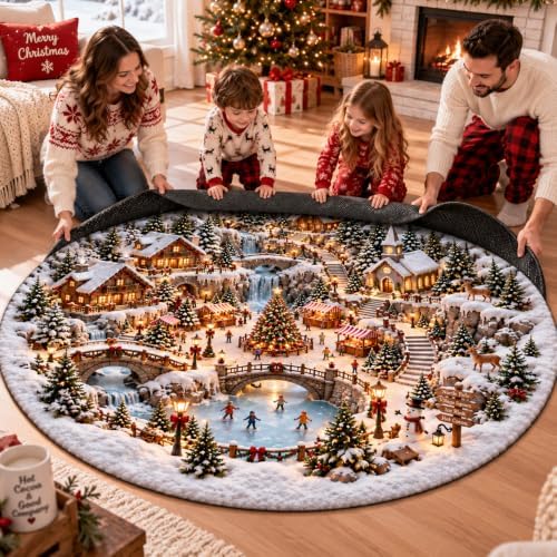 IZI POD Christmas Round Rug, 3D Winter Village Christmas Round Rug, 3D