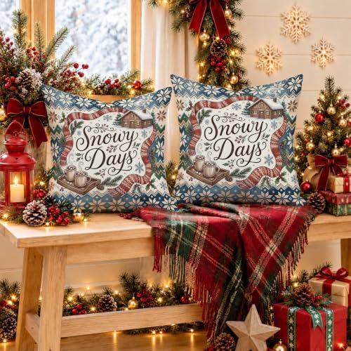 Winter Cabin Snowy Days Quote Christmas Throw Pillow Covers 14x14 Set