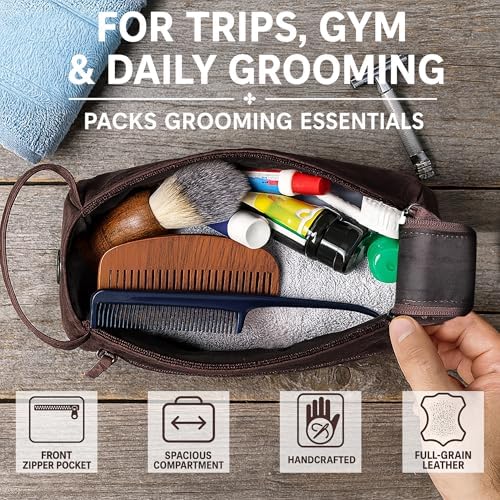 Leather Toiletry Bag for Men - Full Grain Travel Dopp Kit & Shaving