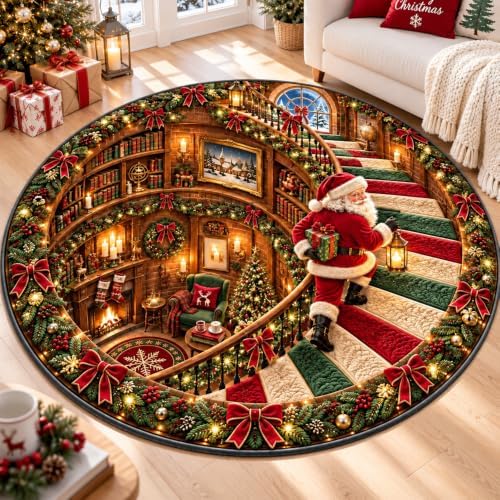 IZI POD Christmas Round Rug, 3D Santa Christmas Round Rug, 3D Rugs