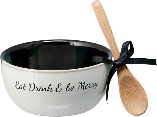 Pavilion - Eat Drink & Be Merry - 4.5" Dip Bowl & Spoon Set Housewarming Apartmentwarming Neutral Decor Holiday Seasonal Christmas Gift Present