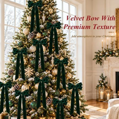 JOICEE 12Pcs Large Green Christmas Velvet Bows for Christmas Tree