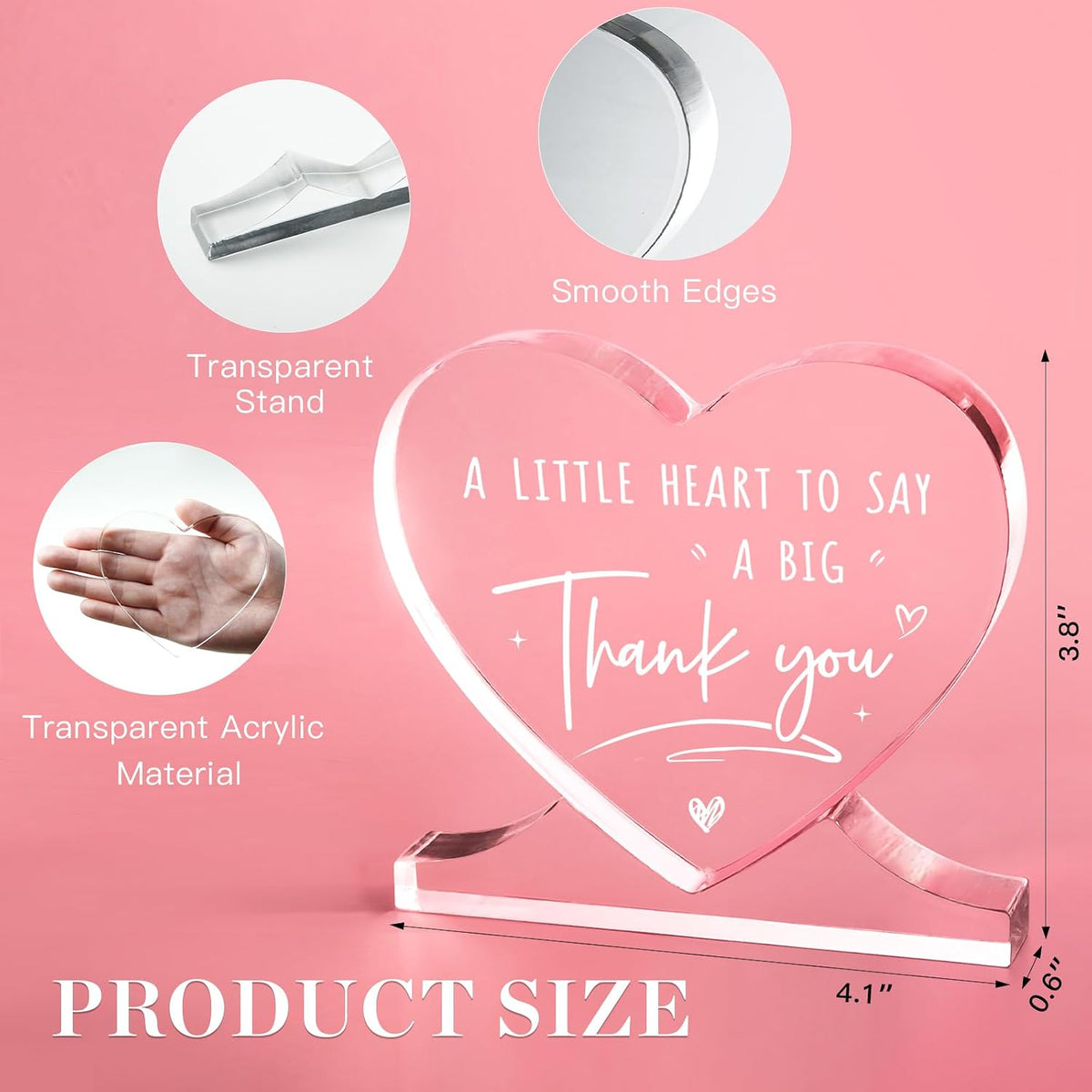 Thank You Gifts for Women, Men, Teacher Appreciation Gifts | Administrative Professional Day, Heart-Shaped Acrylic Desk Decor, Volunteer Nurse Employee Coworker Boss Appreciation