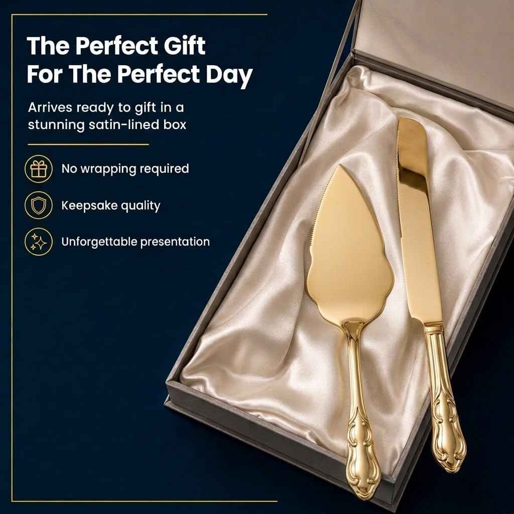 Creative Gifts International Cake and Pastry Server Set | 2-Piece Gold Finish Serving Set | 14.25" Elegant Dessert Server | Wedding and Entertaining Utensils | Gift Box Ready
