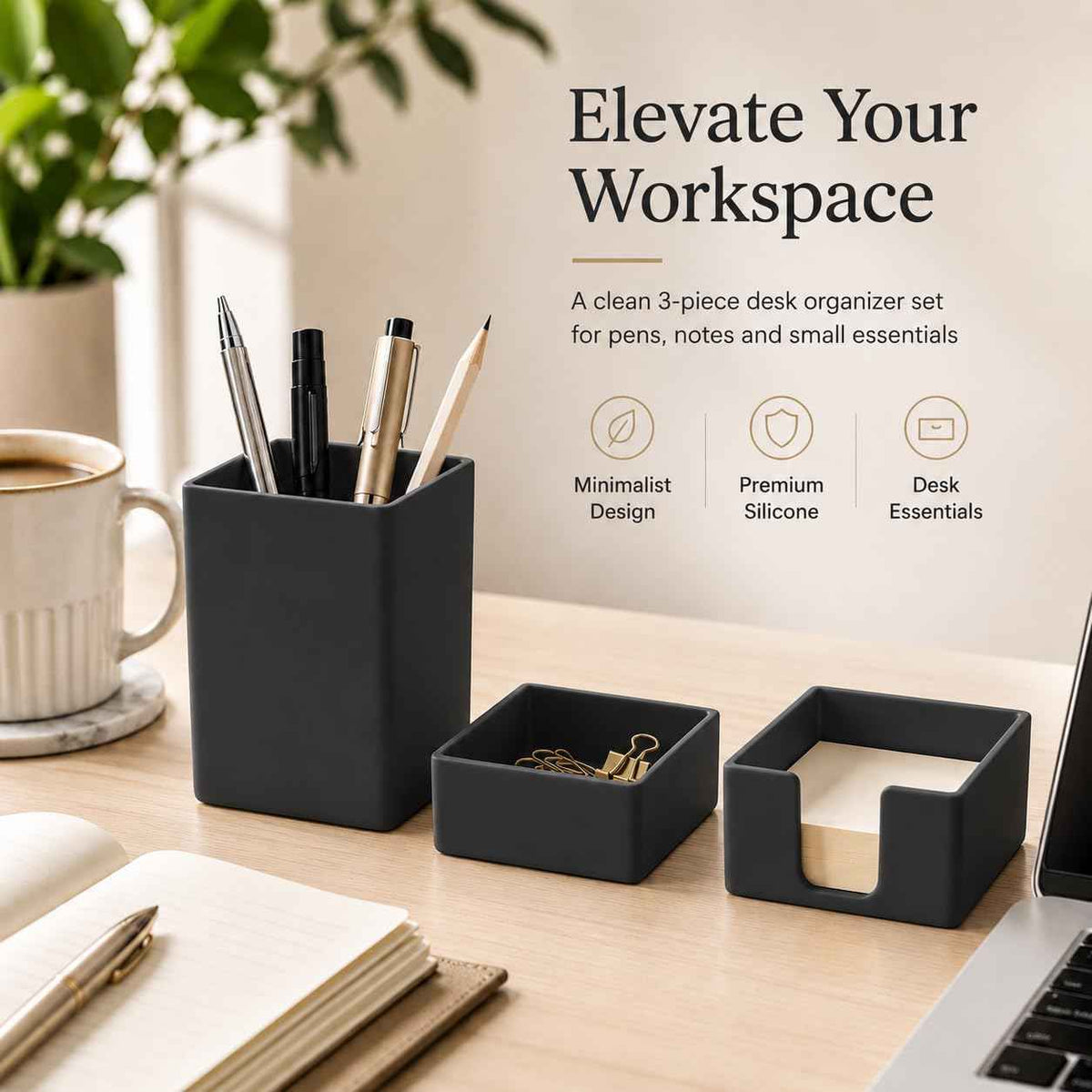 minimaliving Aesthetic Silicone Desk Organizer Set of 3,Modern Office Desk Accessories with Pen Holder,Paperclip Tray,Sticky Note Holder,Stylish Functional Office Desk Decor for Back-to-school(Black)