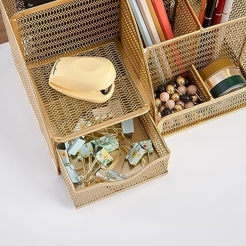 Martha Stewart Ryder Mesh Metal Desktop Organizer with Drawer, Gold