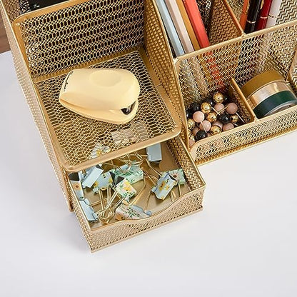 Martha Stewart Ryder Mesh Metal Desktop Organizer with Drawer, Gold