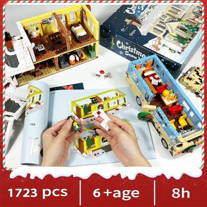 Snow Village & RV Building Set with LED Lights, 2 in 1 Christmas