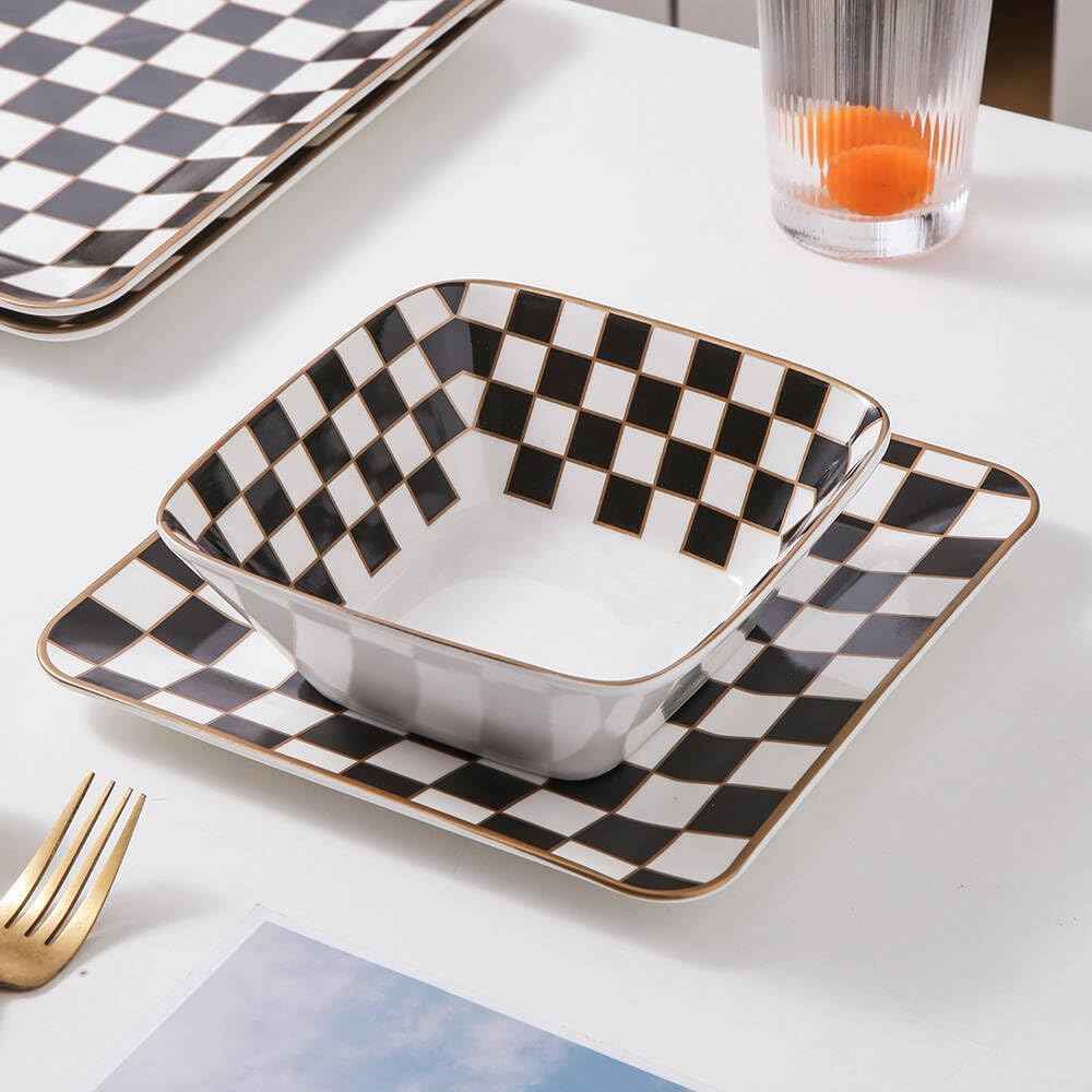 Set of 3 Checkered Square Bowls 20oz- Aesthetic Black and White Ceramic Snack & Dessert Bowls with Gold Rim, Checkerboard Decorative Catchall Dish, Eclectic Kitchen Decor & Entertaining Serving Set
