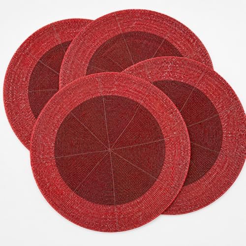 Beaded Placemats Set of 4, 13 Inch Round Red Charger Mats for Dining