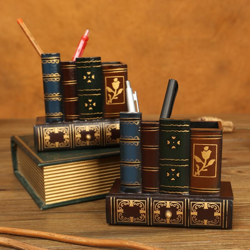 Decorative Pencil and Pen Holder with Storage Drawer, Wooden Desk