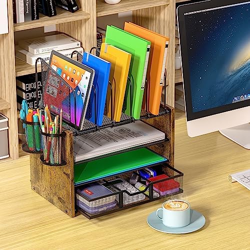 DAOUTIME 4-Tier Mesh Desk Organizer, Wooden Desk File Organizer with 5