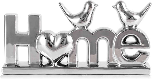 Ceramic Home Letter Sign with Bird Statues,Modern Silver Tabletop Decor for Entryway,TV Stand & Floating Shelf,Warm Housewarming Gift for New Home,Elegant Family Room Ornament (Silver)