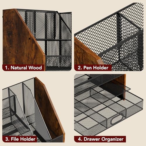 Homsorout Wooden Desk Organizer - Mesh File Organizer with Drawers and