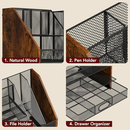 Homsorout Wooden Desk Organizer - Mesh File Organizer with Drawers and