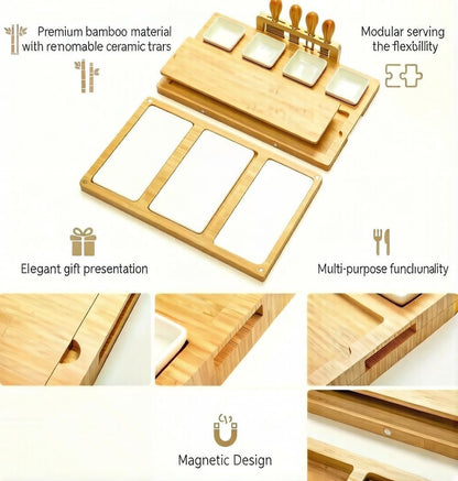 Charcuterie Board and Serving Set,Bamboo Cheese Board Snack Tray Set with Magnetic,Removable Ceramic & Prep Trays, Stainless Steel Knives,House Warming Gifts New Home, Wedding Gift