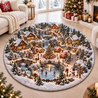 IZI POD Christmas Round Rug, 3D Winter Village Christmas Round Rug, 3D