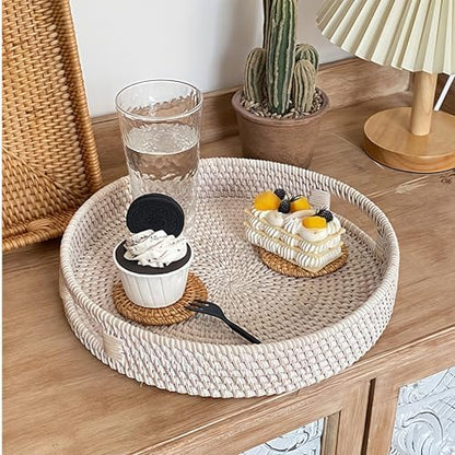 11.8" Round Rattan Tray, Hand Woven Serving Tray with Handles, Wicker
