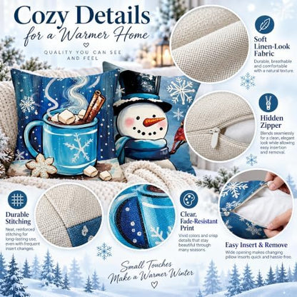 Winter Christmas Pillow Covers Set of 4 16x16 Inch Blue Snowman