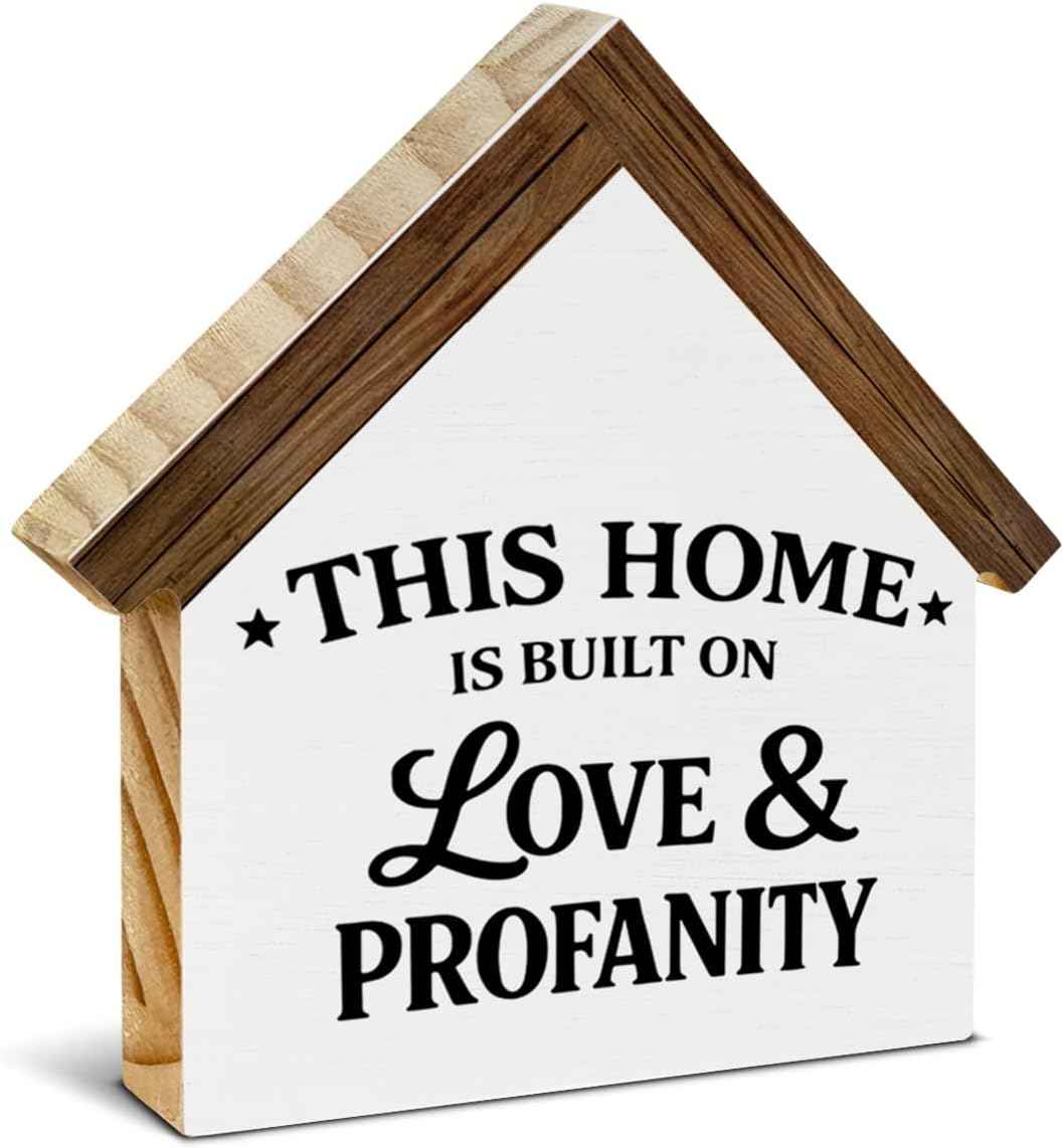 2026 Housewarming Gifts New Home Gift Ideas Wooden Sign, Funny Built on Love & Profanity House Shaped Wood Block Sign, Home Decor for Living Room Bedroom Table Desk Shelf