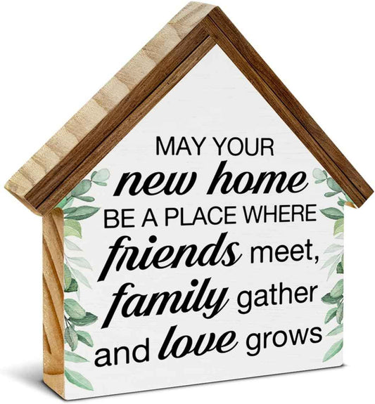 Housewarming Gifts, New House New Apartment Decor, Gifts for New Home Owner | Blessings House Shaped Wooden Block Sign Home Living Room Decor for Desk Table Shelf
