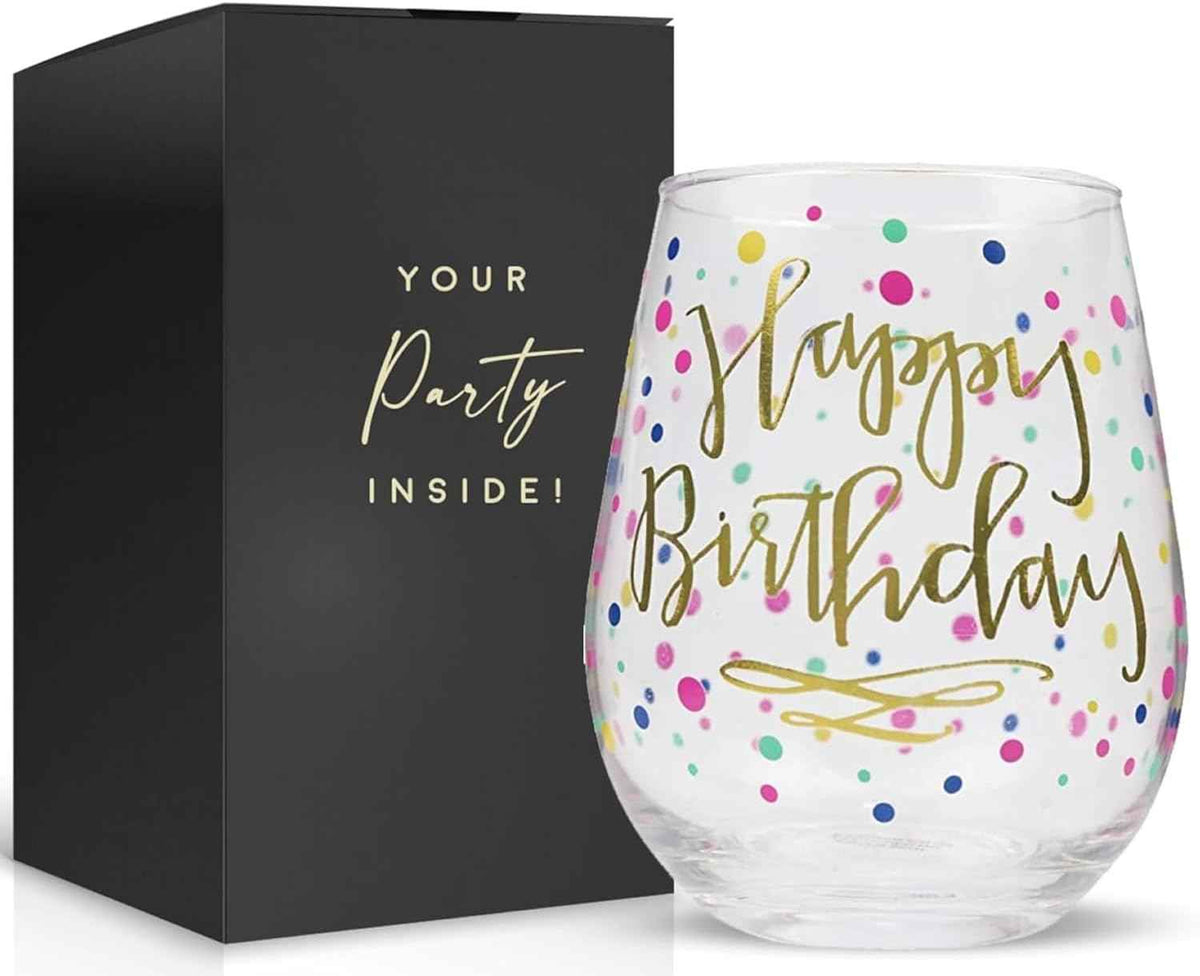 Happy Birthday Wine Glass For Women, 22oz Stemless with Gold Confetti Print - Gift for Adults, Happy Birthday Cups For Her - Gifts For Women - Ideal for 21st, 30th, 40th and 50th Birthdays