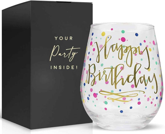 Happy Birthday Wine Glass For Women, 22oz Stemless with Gold Confetti Print - Gift for Adults, Happy Birthday Cups For Her - Gifts For Women - Ideal for 21st, 30th, 40th and 50th Birthdays