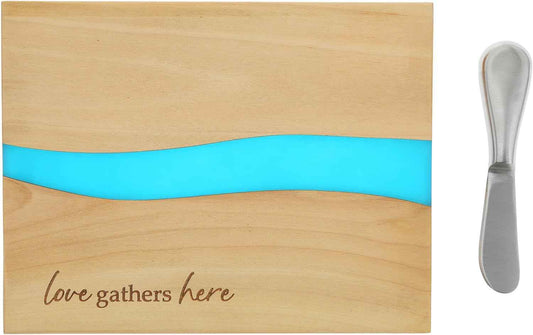 Pavilion Gift Company - Love Gathers Here - 9" x 7" Serving Cheese Bread Wooden & Resin Board With Brushed Silver Spreader Knife Set Housewarming Hostess Host Charcuterie Gift Present