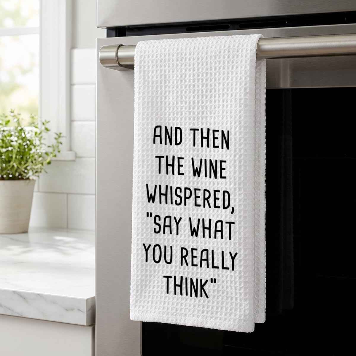 Funny Wine Kitchen Towel, Wine Lover Gift Waffle Tea Towel | 24 x 16 inch waffle polyester tea towel with funny wine quote for wine lovers, friends, kitchens, and bar decor