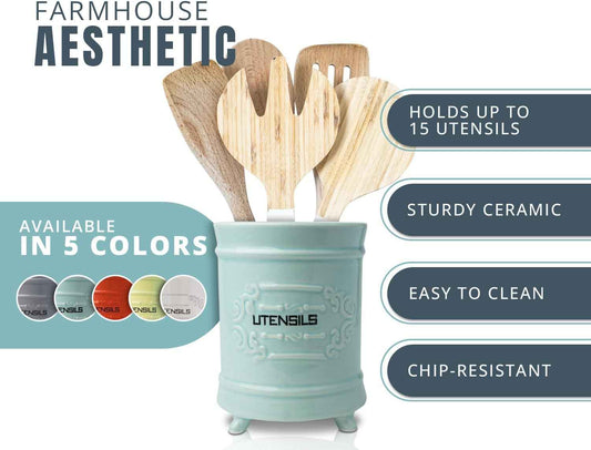 Comfify French Blue Ceramic Utensil Crock – French Country – Scroll Feet | French Blue; ceramic; 6.5"H x 5.25" diameter; embossed 'utensils'; scrollwork feet; dishwasher safe; French country style